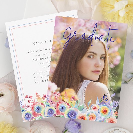 Faire-part Aquarelle moderne Floral Photo Graduation