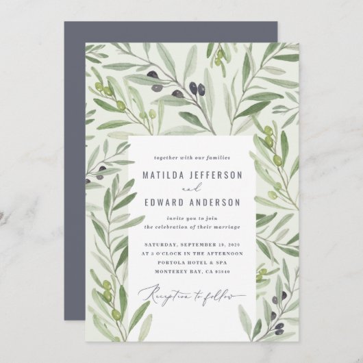 Faire-part Aquarelle moderne olivier branche feuillage sauge (Devant / Derrière)