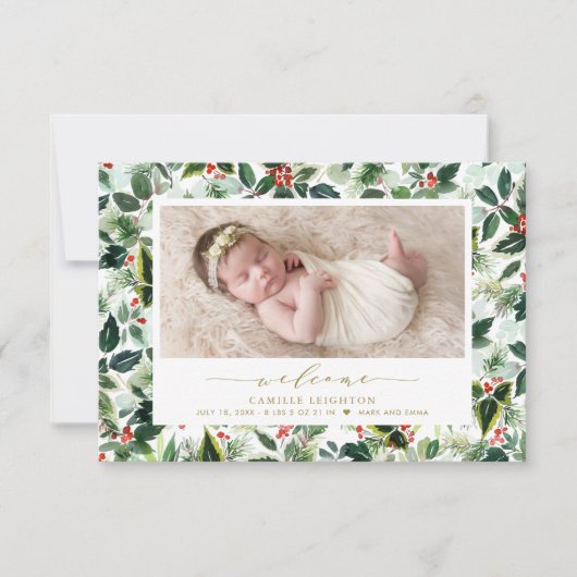 Faire-part Aquarelle Noël Foliage Motif Photo Naissance (Devant)