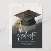 Faire-part Aquarelle noire et or Graduate Casquette Graduate (Devant)