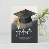 Faire-part Aquarelle noire et or Graduate Casquette Graduate (Debout devant)