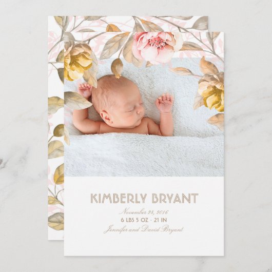 Faire-part Aquarelle rose et or Floral Douce bébé naissance (Devant / Derrière)