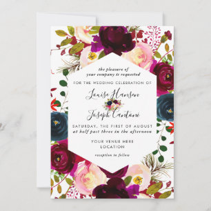 Faire-part Aquarelle Rose, Fleurs de Bourgogne + Nuit de Noce