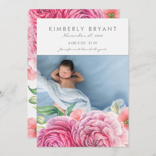 Faire-part Aquarelle rose Fleurs Photo Bébé Fille Naissance (Devant / Derrière)