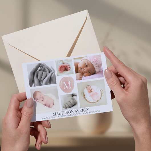 Faire-part Aquarelle rose Monogramme Photo Collage Fille Nais