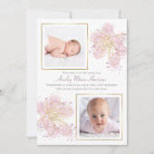 Faire-part Aquarelle rose or Floral Baby Girl 2 Photo (Devant)