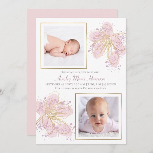 Faire-part Aquarelle rose or Floral Baby Girl 2 Photo (Devant / Derrière)