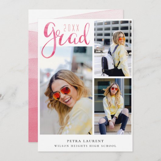 Faire-part Aquarelle rose Photo Collage Graduation (Devant / Derrière)
