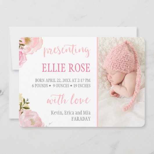 Faire-part Aquarelle Rose rose Photo Annonces de naissance (Devant)