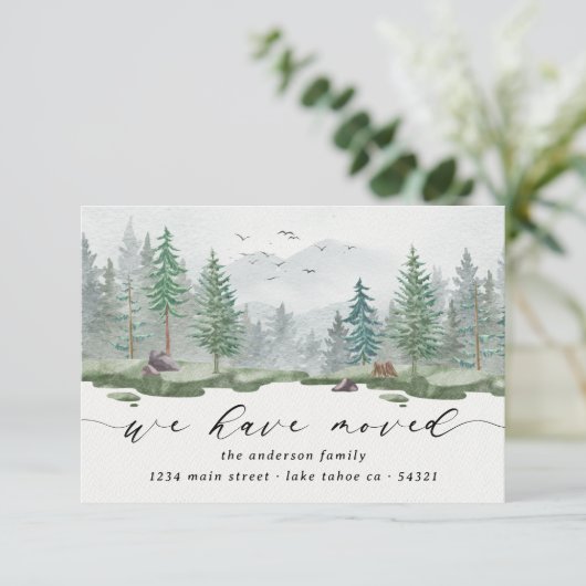 Faire-part Aquarelle Rustique Nous Avons Déplacé Script Pine  (Debout devant)