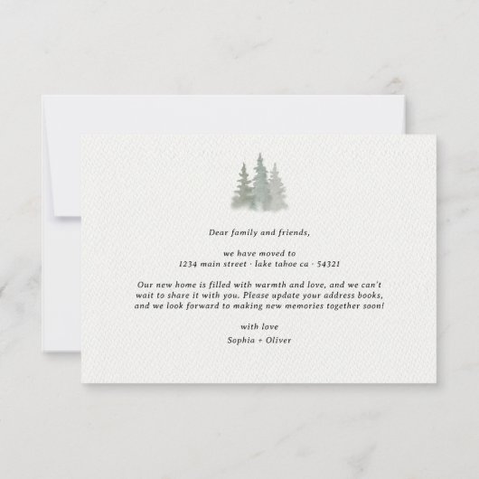 Faire-part Aquarelle Rustique Nous Avons Déplacé Script Pine  (Dos)