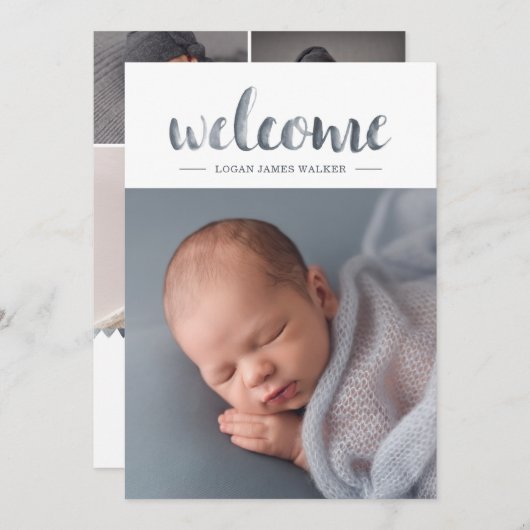 Faire-part Aquarelle Script Triangle Garland Collage Naissanc (Devant / Derrière)