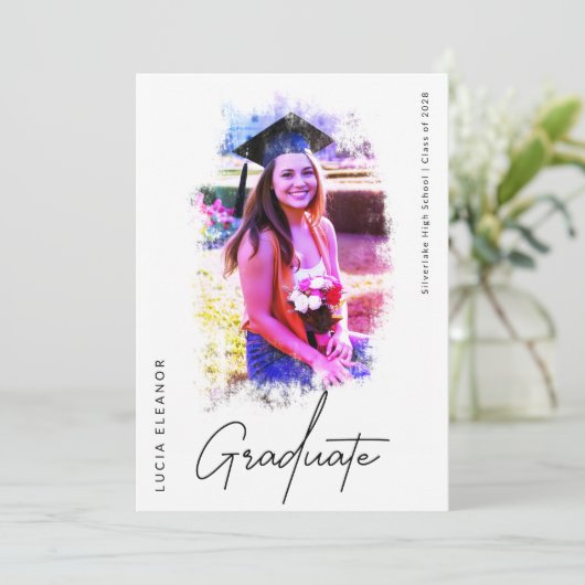 Faire-part Aquarelle Style Portrait Script Photo Graduation (Debout devant)