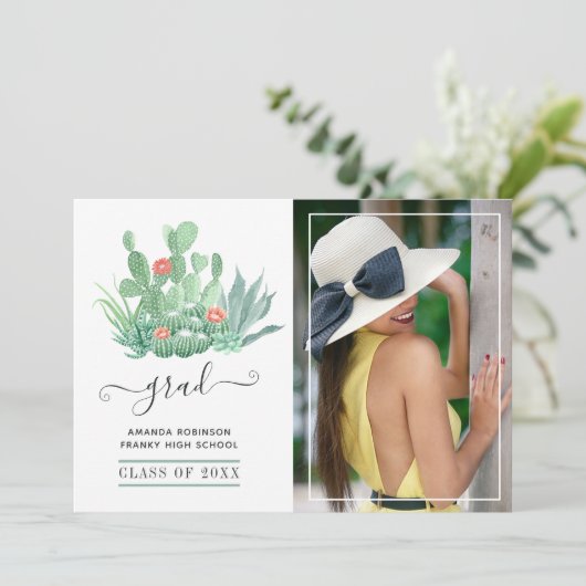 Faire-part Aquarelle Succulente Plante photo de graduation (Debout devant)