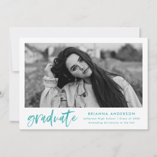 Faire-part Aquarelle turquoise Pinceau Script Photo Graduatio (Devant)