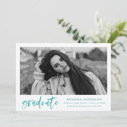 Faire-part Aquarelle turquoise Pinceau Script Photo Graduatio (Debout devant)
