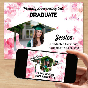 Faire-part Aquarelle unique Pink Floral 7 Photo Graduation