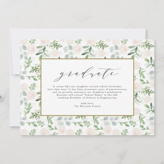 Faire-part Aquarelle Verdure Fleurs blanches Graduation (Dos)