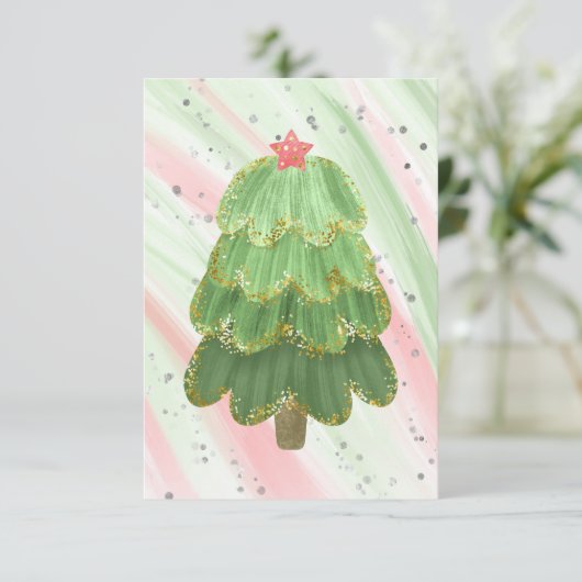 Faire-part Arbre de Noël moderne Rouge Vert blanc (Debout devant)