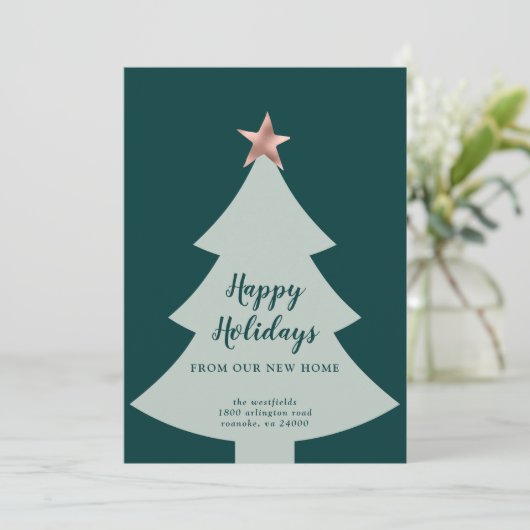 Faire-part Arbre de Noël vert Rose Gold Star Holiday Moving (Debout devant)