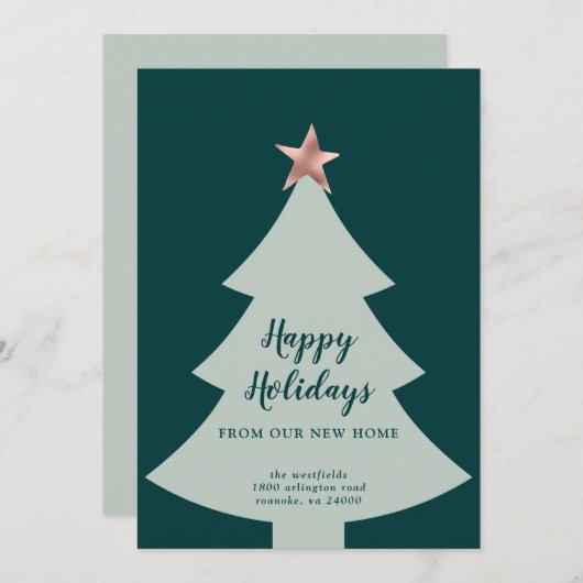 Faire-part Arbre de Noël vert Rose Gold Star Holiday Moving (Devant / Derrière)