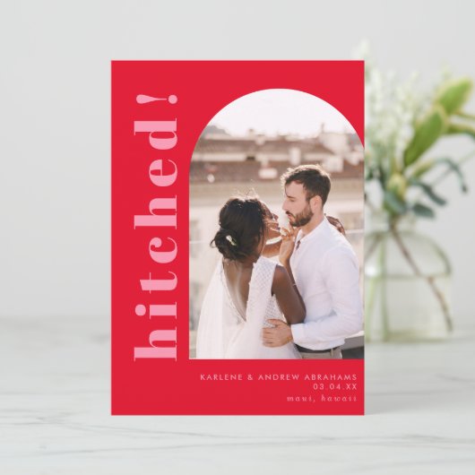 Faire-part Arc pointu photo Elopement Mariage rouge et rose (Debout devant)