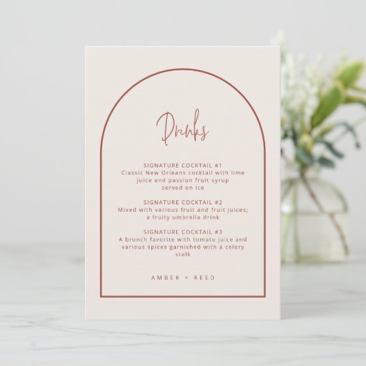 Faire-part Arch Script Minimal Crème & Terracotta Boissons Me (Debout devant)
