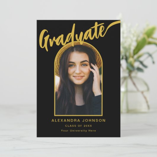 Faire-part Arche photo moderne - noir et or Script (Debout devant)