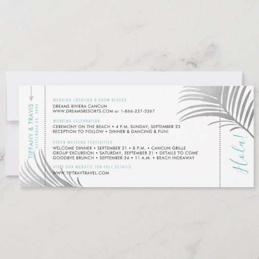 Faire-part Argent Aqua Palm Tree Embarquement Pass Enregistre (Dos)