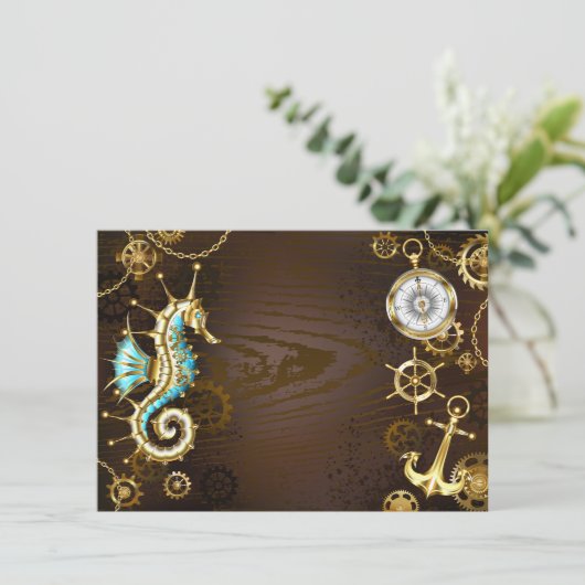 Faire-part Arrière - plan en bois avec cheval de mer mécaniqu (Debout devant)