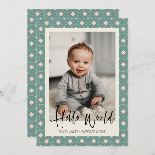 Faire-part Art Déco Photo de naissance de bébé Turquoise et r (Devant / Derrière)