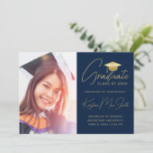 Faire-part Art moderne Marine Script Photo College Graduation (Debout devant)