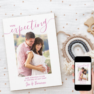 Faire-part Attente Photo Élégant Script Marine Rose Grossesse