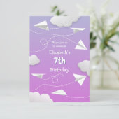 Faire-part avion en papier volant girly rose violet anniversa (Debout devant)