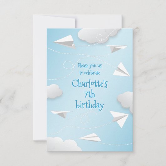 Faire-part avion plié en papier avions filles anniversaire (Devant)