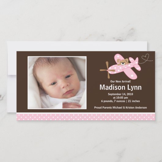 Faire-part Avion rose Bébé Fille Anniversaire (Devant)