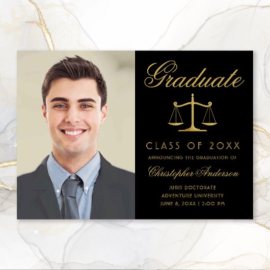 Faire-part Avocat Black Gold Script Photo Graduation