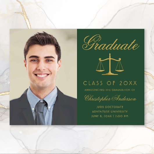 Faire-part Avocat Green Gold Script Photo Graduation