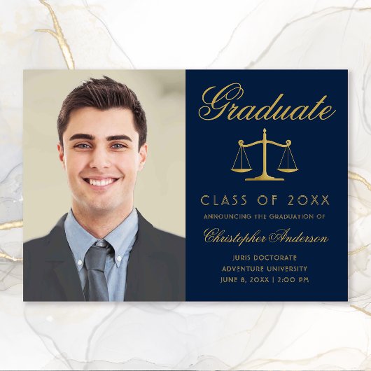 Faire-part Avocat Marine Blue Gold Script Photo Graduation