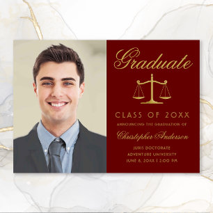 Faire-part Avocat Maroon Gold Script Photo Graduation