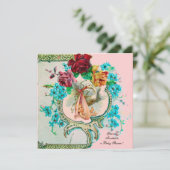 FAIRE-PART BABE FILLE FÊTE DE NAISSANCE AVEC ROSES ET FLEURS  (Debout devant)