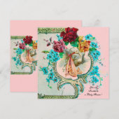 FAIRE-PART BABE FILLE STORK DOUCHE AVEC ROSES ET FLEURS ROSES (Devant / Derrière)