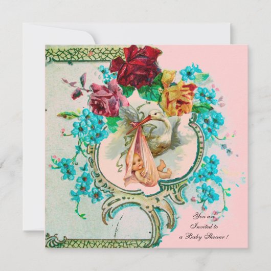 FAIRE-PART BABE FILLE STORK DOUCHE AVEC ROSES ET FLEURS ROSES (Devant)