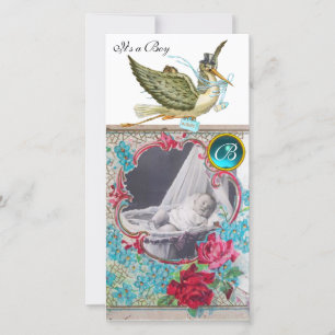 Faire-part BABILLARD DE BÉBÉ CIGOGNE MONOGRAMME , bleu aigue-