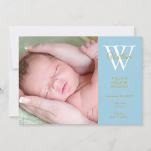 Faire-part Baby Boy 4 Photos Monogramme Bleu Script Or Naissa