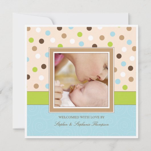 Faire-part Baby Boy Birth Deux photos en bleu + points verts (Dos)