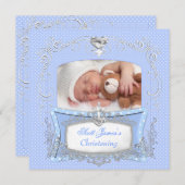Faire-part Baby Boy Christening Baptême bleu Polka Dot (Devant / Derrière)