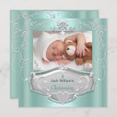 Faire-part Baby Boy Christening Baptême Mint Silver Cross (Devant / Derrière)
