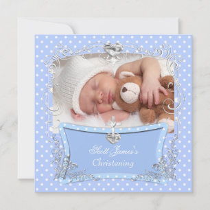 Faire-part Baby Boy Christening Baptême Polka bleu point 2