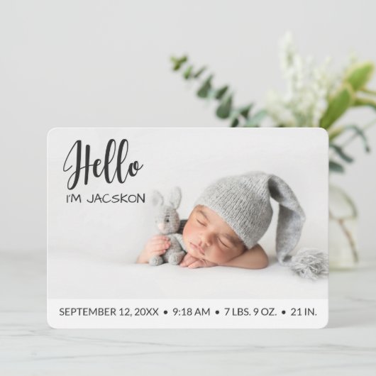 Faire-part Baby boy Hello superposition photo moderne minimal (Debout devant)